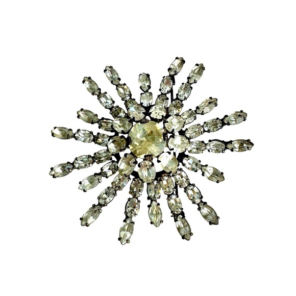 Vintage Rhinestone Starburst Brooch Snowflake Sunburst Crystal Pin Silver Tone - Picture 1 of 8